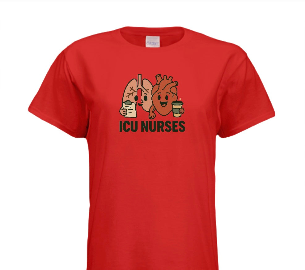 Red t-shirt with cartoon lungs and heart holding coffee cups and 'ICU NURSES' text on a white background