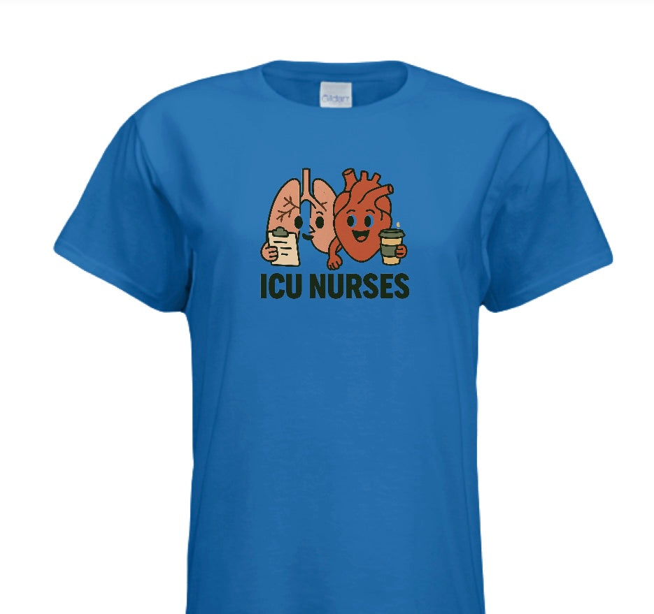 Blue t-shirt with cartoon lungs, heart, and stomach holding coffee cups and 'ICU Nurses' text on a white background