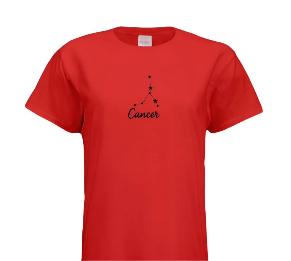 Red t-shirt with Cancer zodiac symbol on a white background