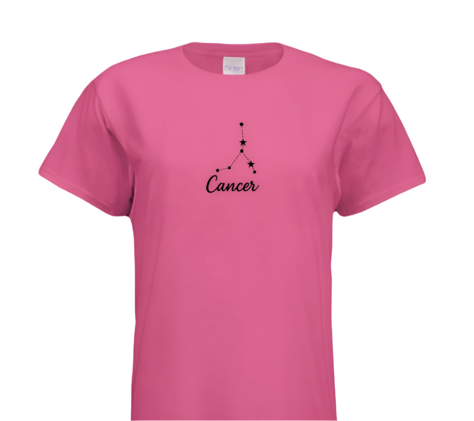 Pink t-shirt with Cancer zodiac symbol on a white background
