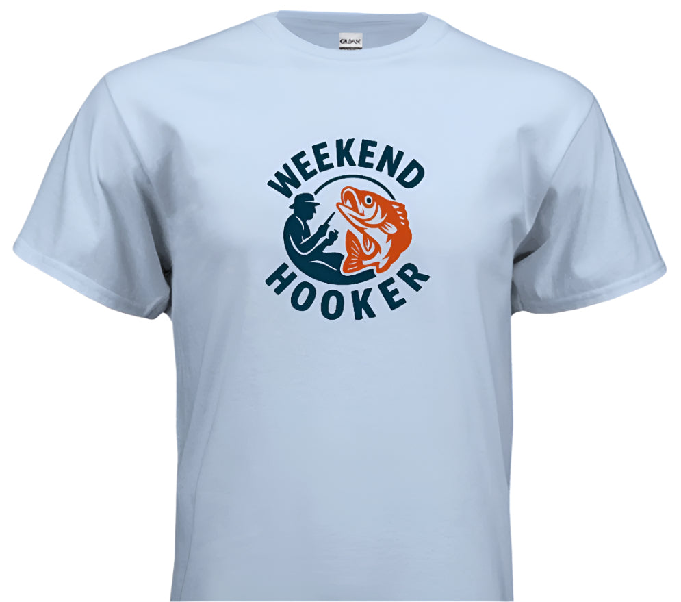 Light blue t-shirt with 'Weekend Hooker' graphic design on a white background