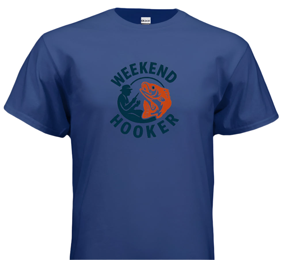 Blue t-shirt with 'Weekend Hooker' graphic design on a white background