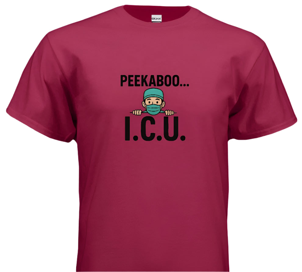Maroon t-shirt with a graphic design and text on a white background