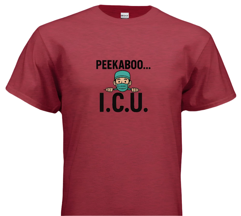 Red t-shirt with 'PEEKABOO... I.C.U.' text and graphic on a white background