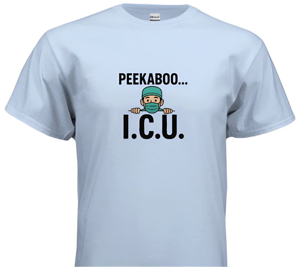 Light blue t-shirt with a graphic and text 'PEEKABOO... I.C.U.' on a white background