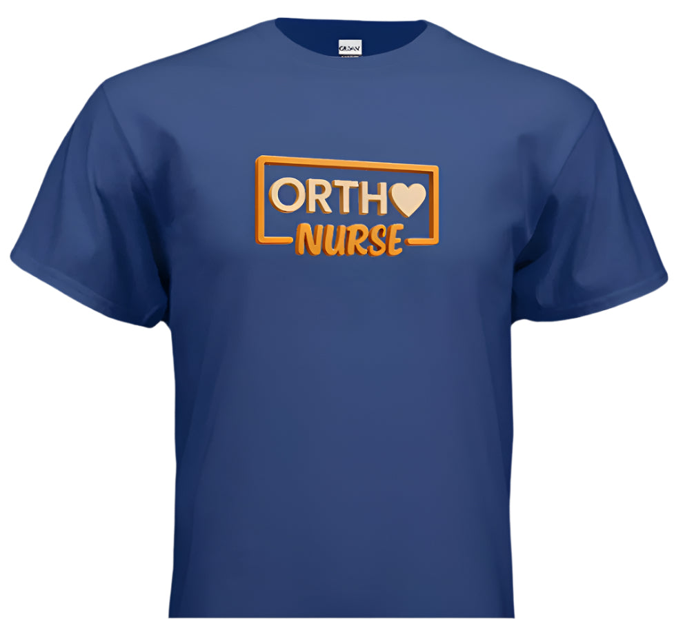 Blue t-shirt with 'Ortho Nurse' text on a white background