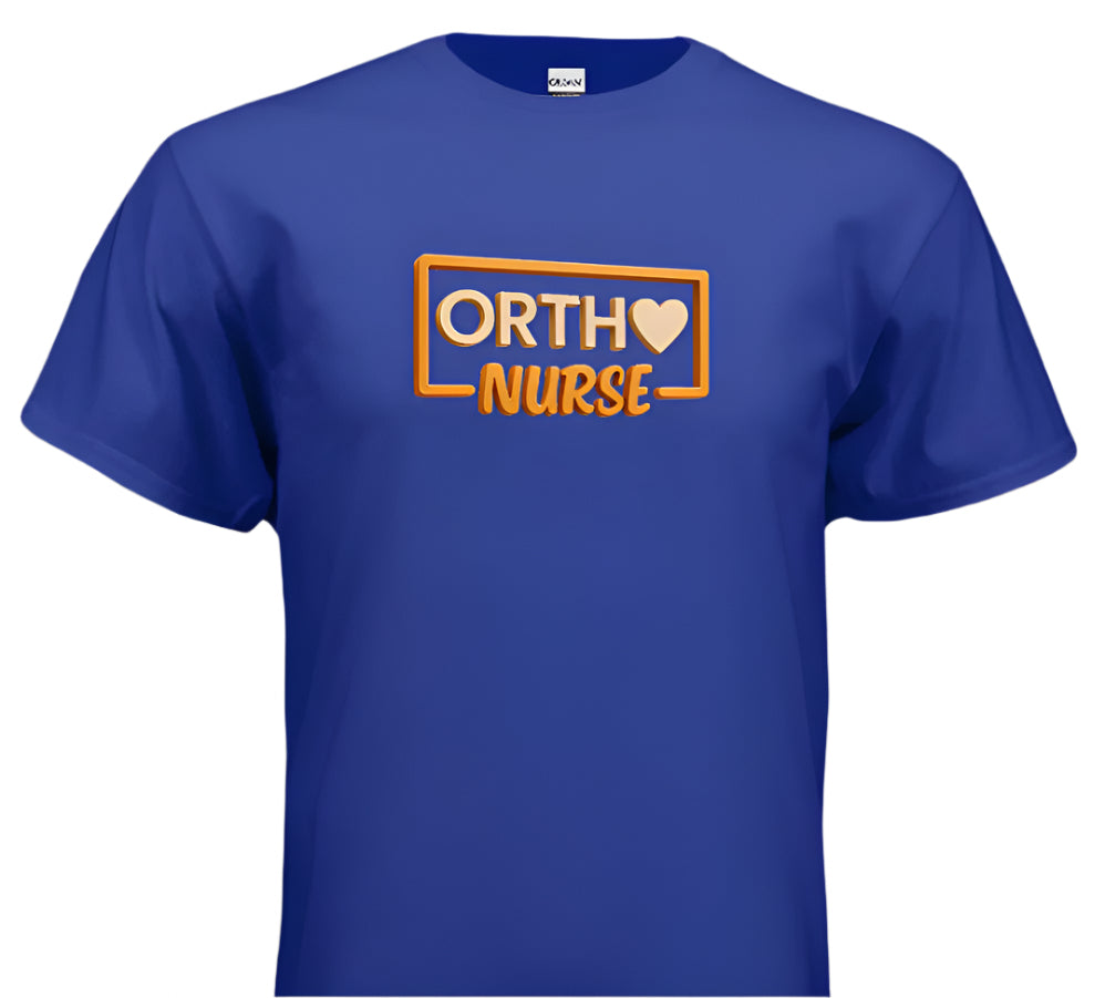 Blue t-shirt with 'ORTHO NURSE' text and heart symbol on a white background