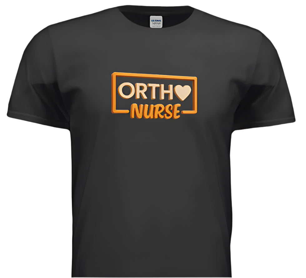Black t-shirt with 'Ortho Nurse' text on a gray background