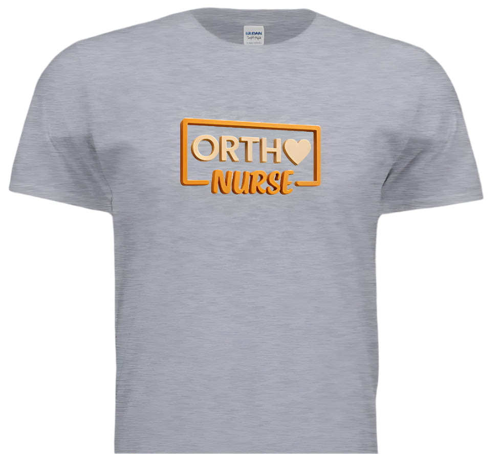 Gray t-shirt with 'ORTHO NURSE' text and heart design on a white background