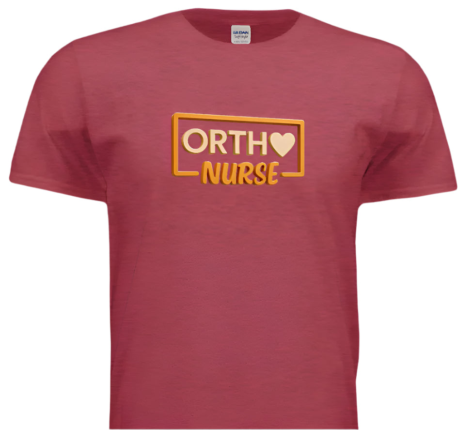 Red t-shirt with 'ORTHO NURSE' text and heart symbol on a white background