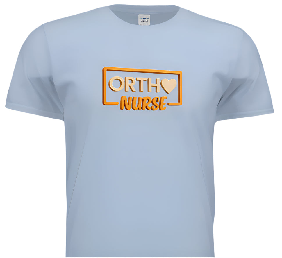 Light blue t-shirt with 'ORTH NURSE' text in gold on a white background