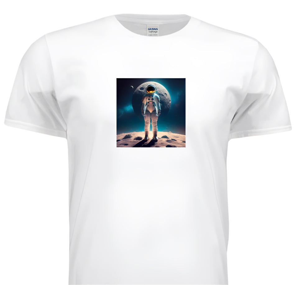 White t-shirt with an astronaut on the moon graphic