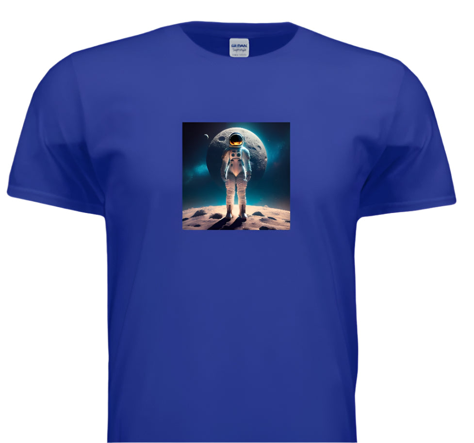 Blue t-shirt with an astronaut on the moon graphic