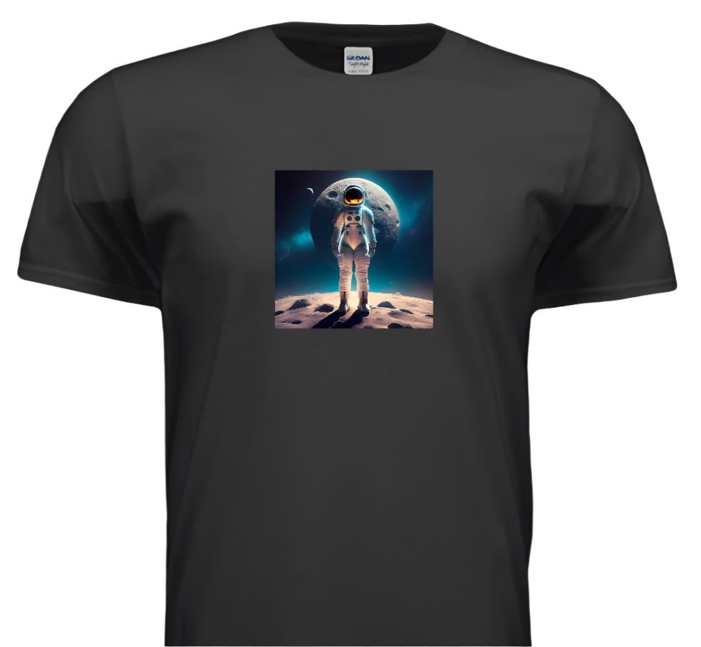 Black t-shirt with an astronaut graphic on a white background
