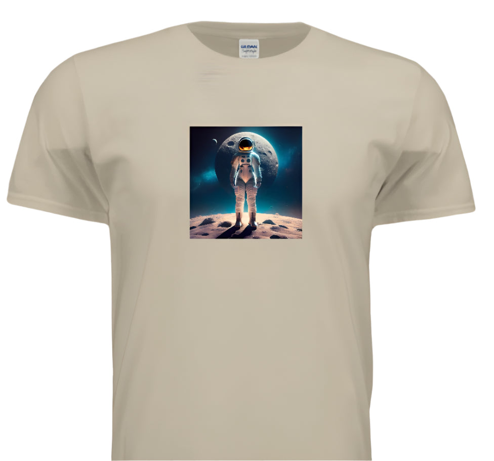Beige t-shirt with an astronaut on the moon graphic
