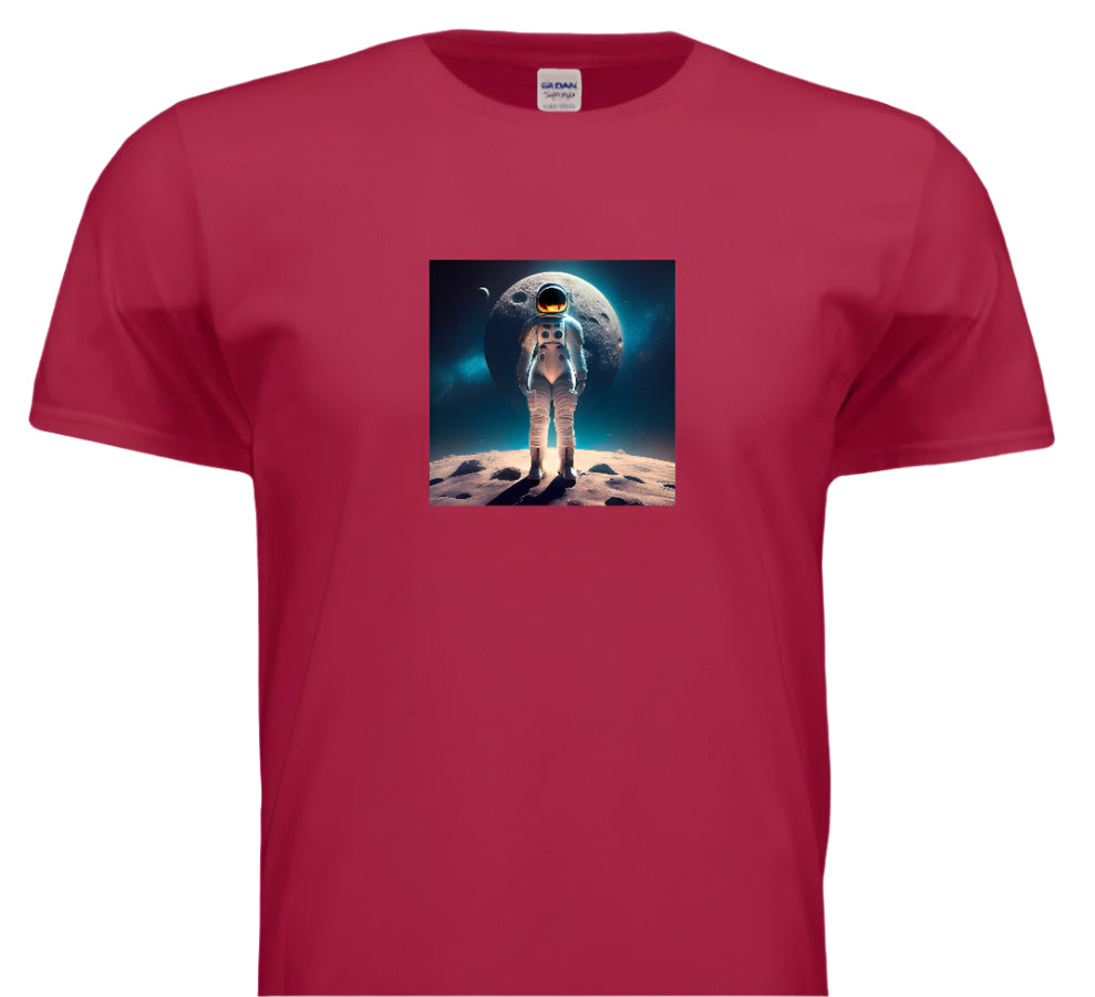 Red t-shirt with an astronaut graphic on a white background
