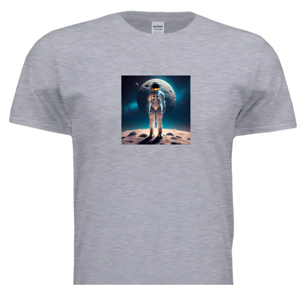 Gray t-shirt with an astronaut on the moon graphic