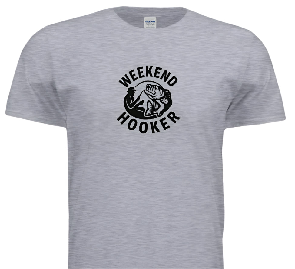 Gray t-shirt with 'Weekend Hooker' graphic on a white background