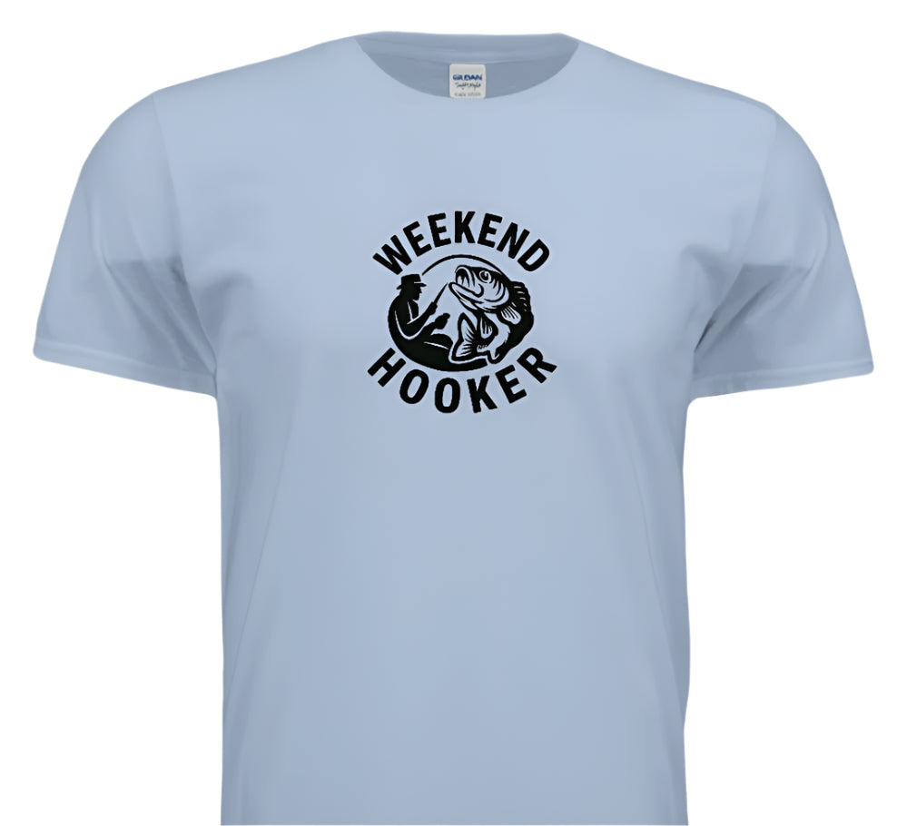 Light blue t-shirt with 'Weekend Hooker' graphic on a white background