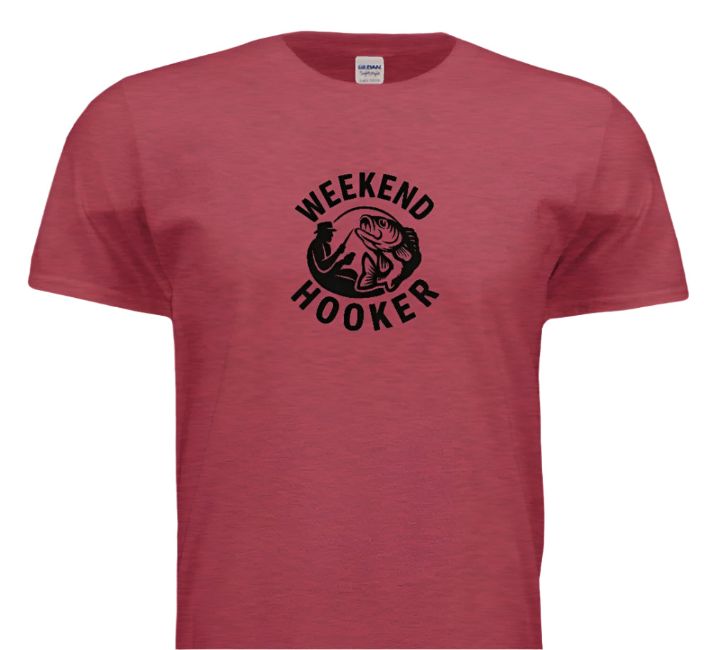 Red t-shirt with 'Weekend Hooker' graphic on a white background