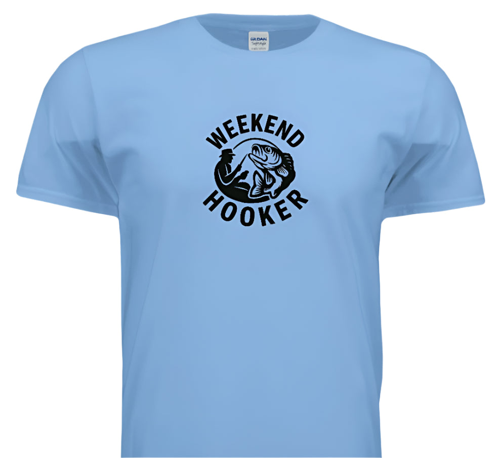Light blue t-shirt with 'Weekend Hooker' graphic design on a white background