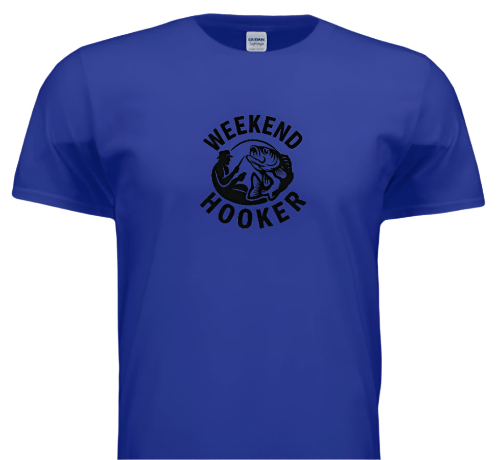 Blue t-shirt with 'Weekend Hooker' graphic on a white background