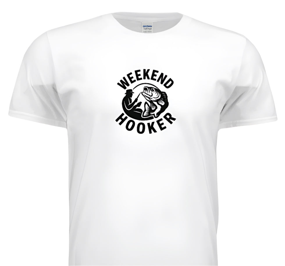 White t-shirt with 'Weekend Hooker' graphic design on a white background