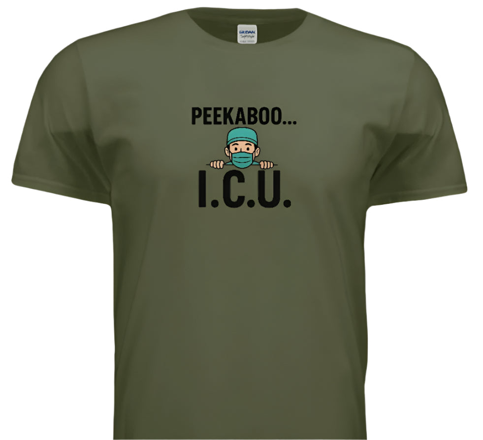 Green t-shirt with a graphic and text 'PEEKABOO... I.C.U.' on a white background