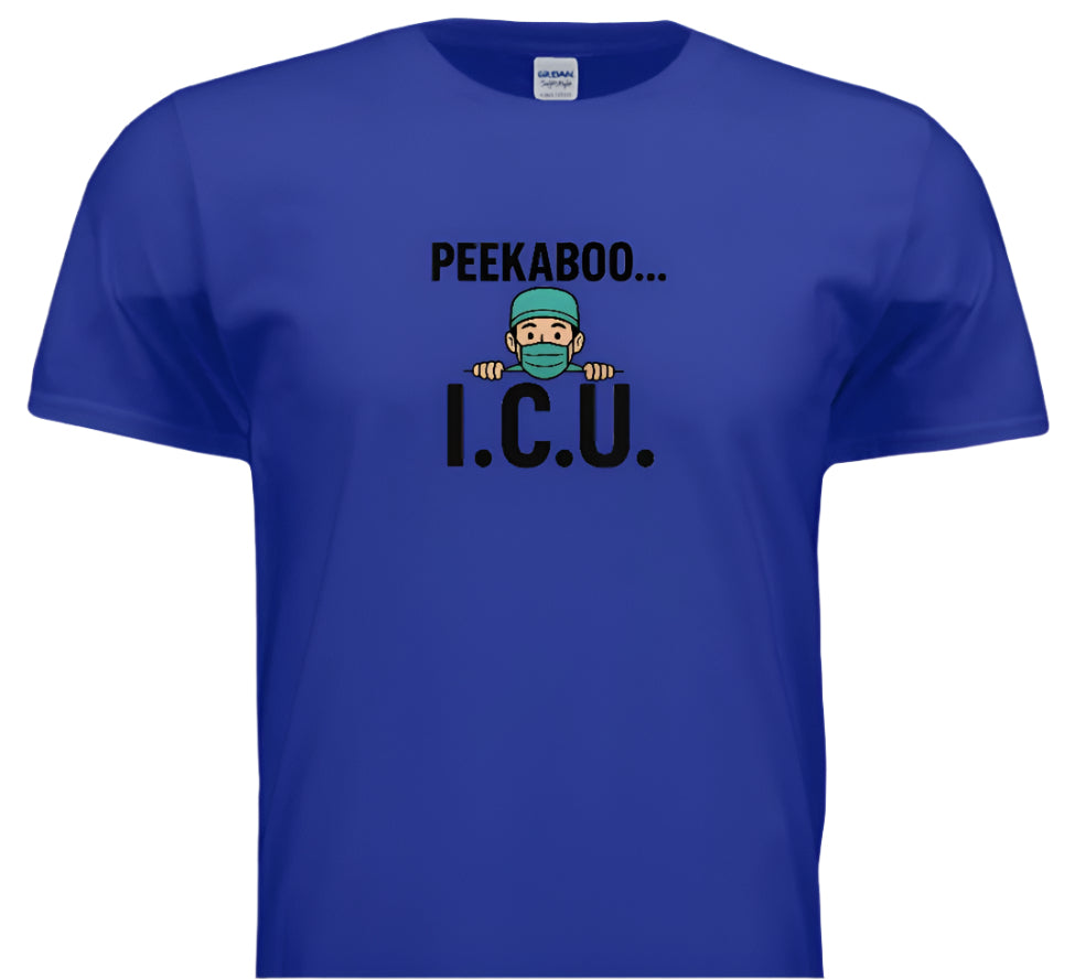Blue t-shirt with a graphic and text 'PEEKABOO... I.C.U.' on a white background