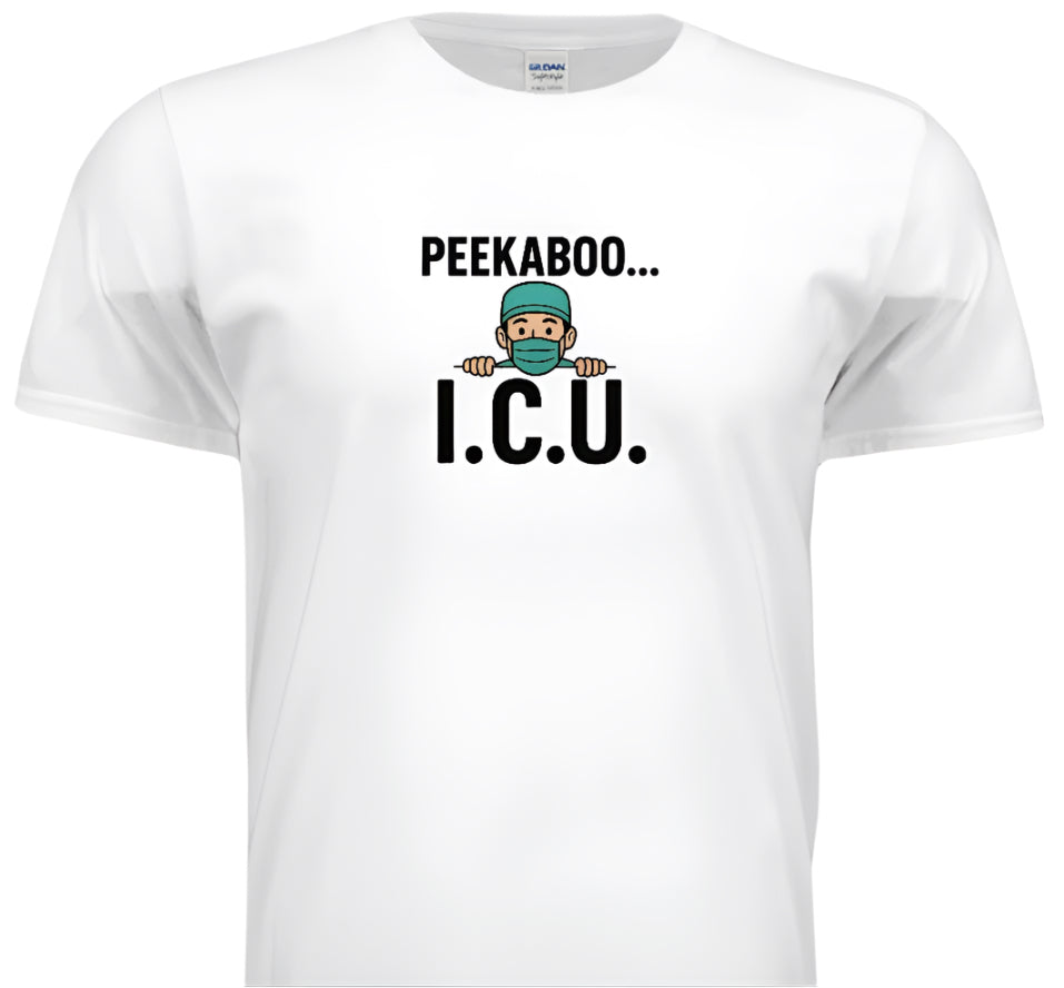 White t-shirt with 'PEEKABOO... I.C.U.' text and graphic on a white background