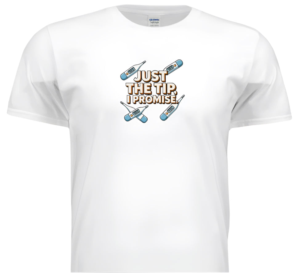 White t-shirt with a graphic design and text on a white background