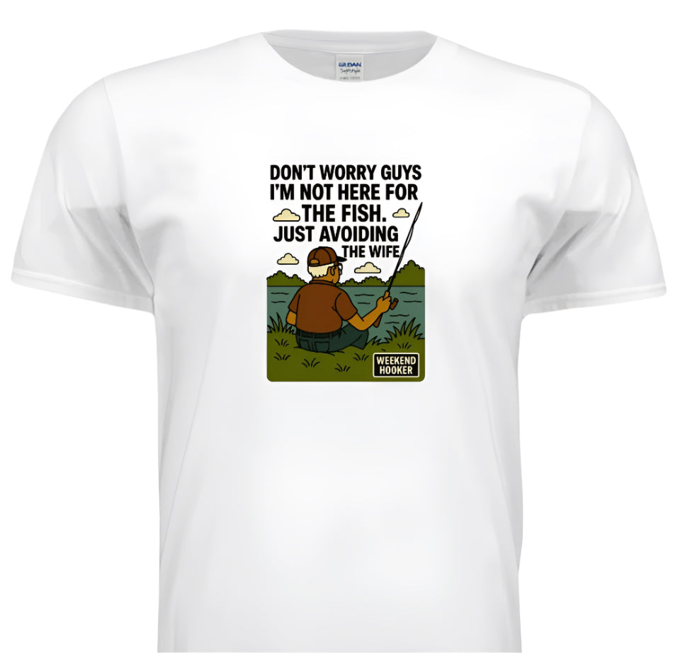 White t-shirt with a graphic of a man fishing and text on a white background