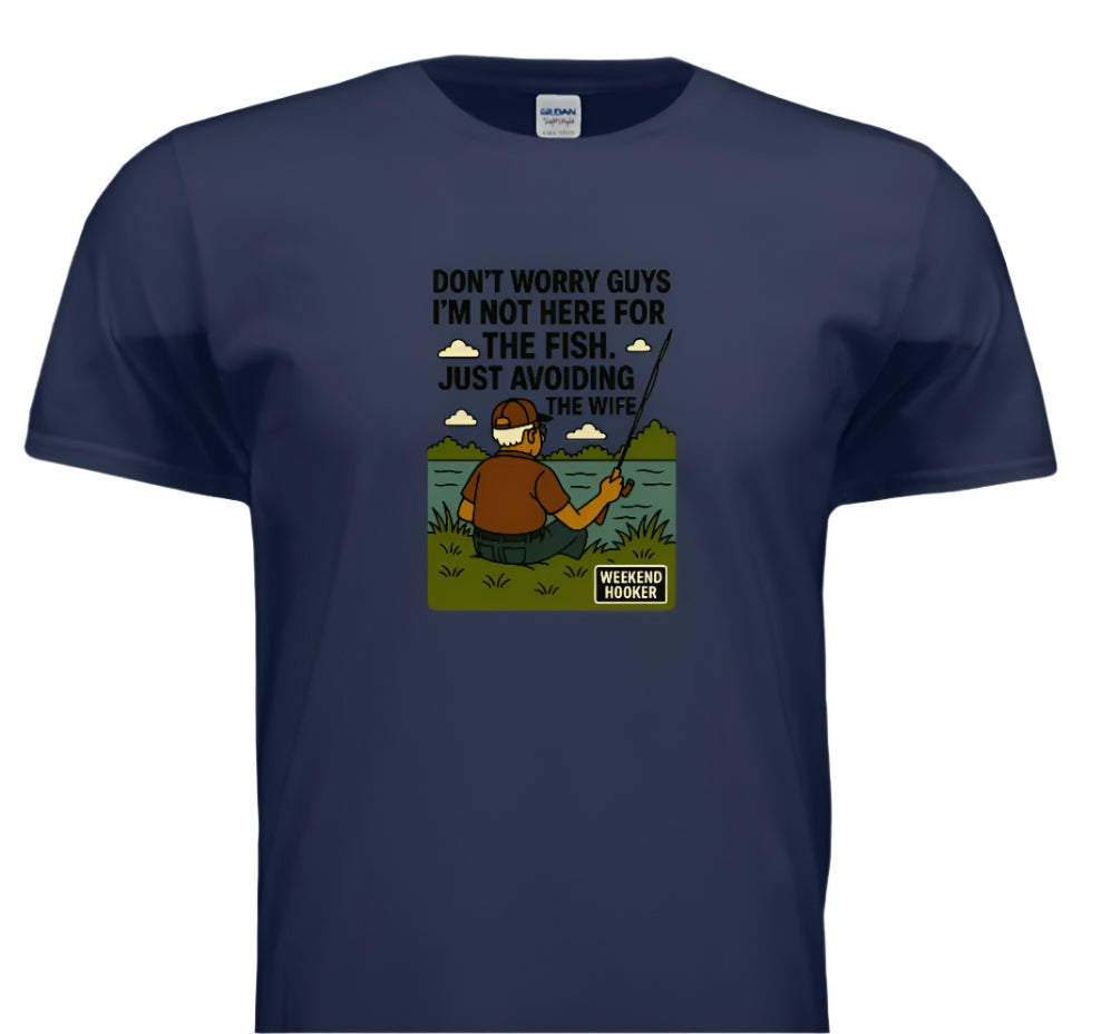 Navy blue t-shirt with a graphic of a man fishing and text on a white background