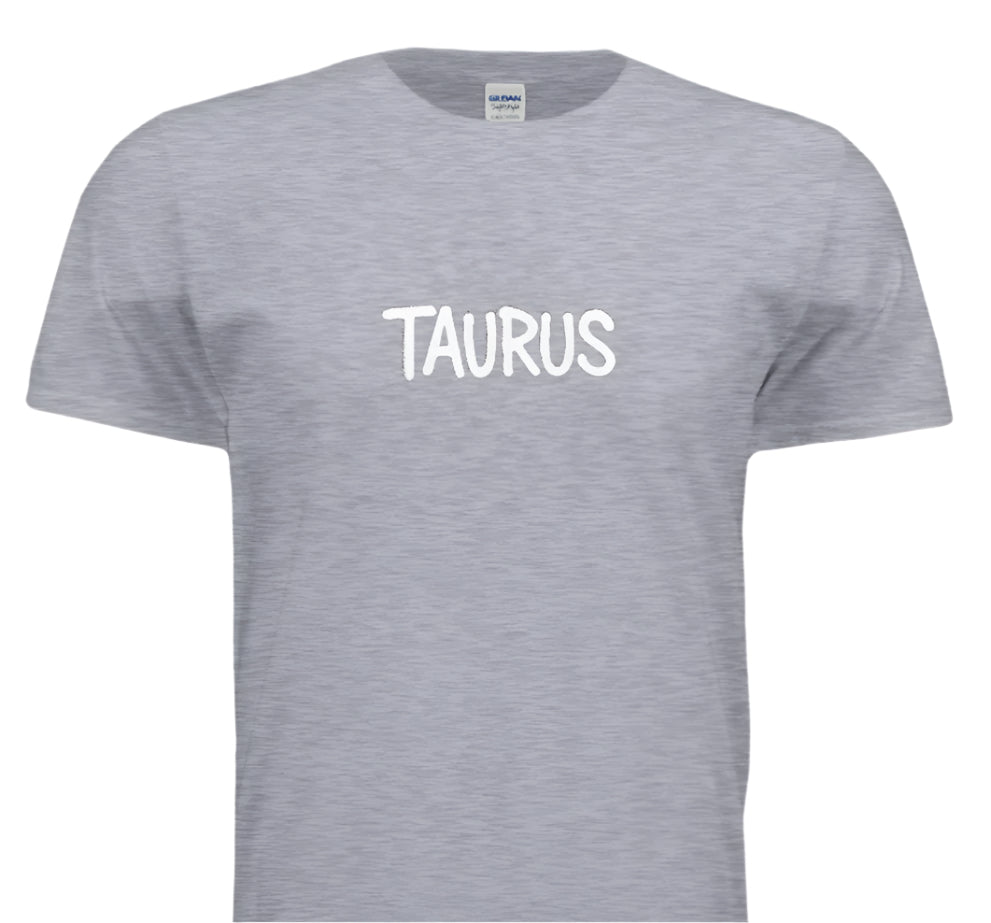 Gray t-shirt with 'TAURUS' printed in white on a white background