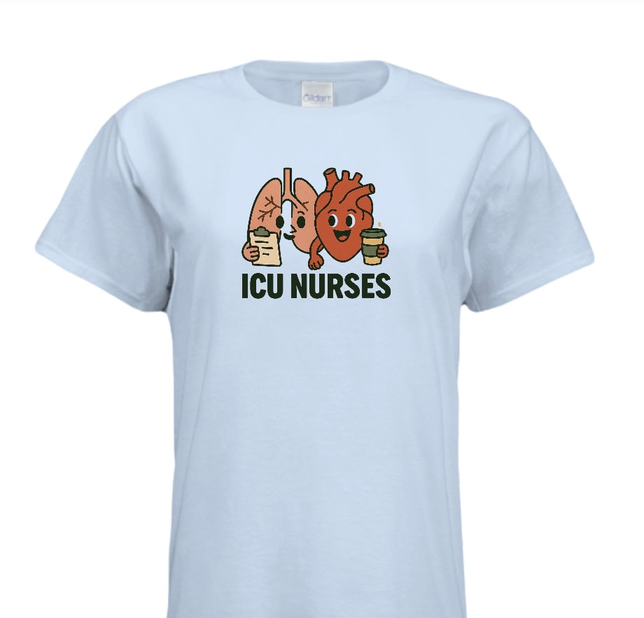 Light blue t-shirt with cartoon lungs, heart, and stomach characters holding coffee cups and 'ICU NURSES' text on a white background.