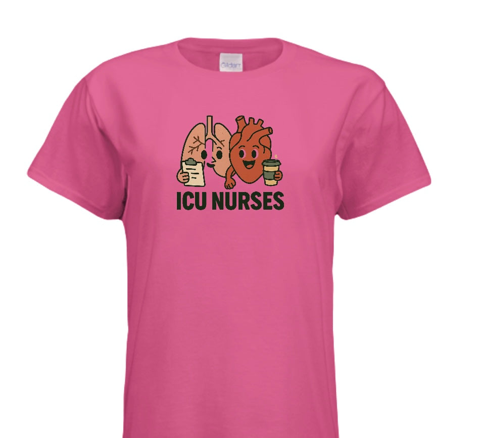 Pink t-shirt with cartoon lungs and heart holding coffee cups and 'ICU NURSES' text on a white background