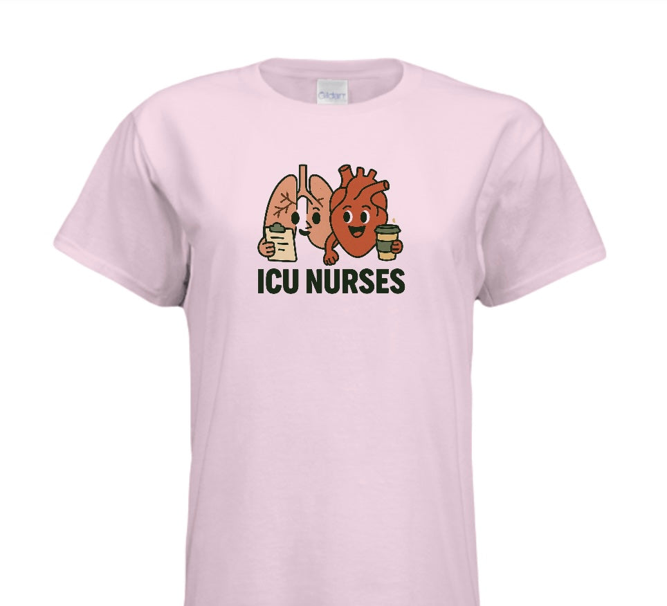 Pink t-shirt with cartoon heart, lungs, and coffee cup design on a white background