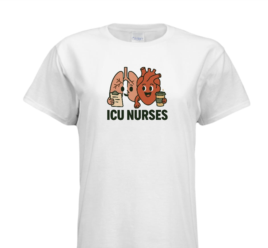 White t-shirt with cartoon lungs, heart, and coffee cup graphic and 'ICU NURSES' text on a white background