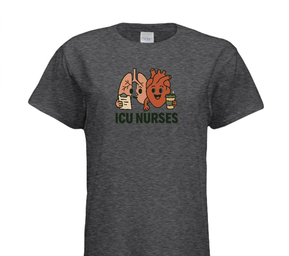 Gray t-shirt with cartoon lungs, heart, and kidneys and 'ICU Nurses' text on a white background