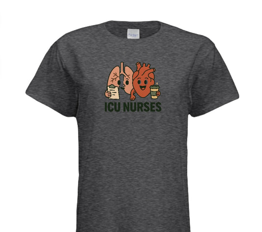 Gray t-shirt with cartoon lungs, heart, and kidneys and 'ICU Nurses' text on a white background