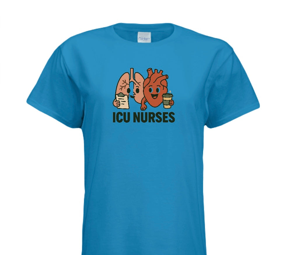 Blue t-shirt with cartoon lungs, heart, and coffee cup graphic and 'ICU NURSES' text on a white background