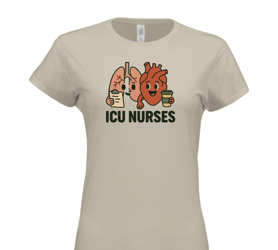 Beige t-shirt with cartoon lungs and heart design and 'ICU Nurses' text on a white background
