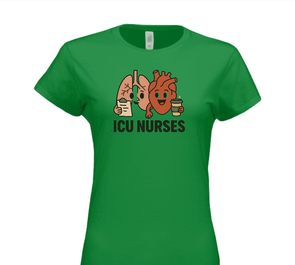 Green t-shirt with cartoon lungs, heart, and stomach characters holding coffee cups and 'ICU NURSES' text on a white background.