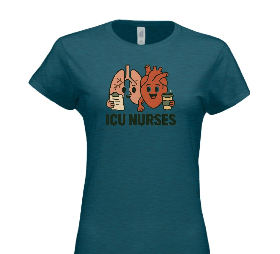 Teal t-shirt with cartoon lungs and heart holding coffee cups and 'ICU NURSES' text on a white background