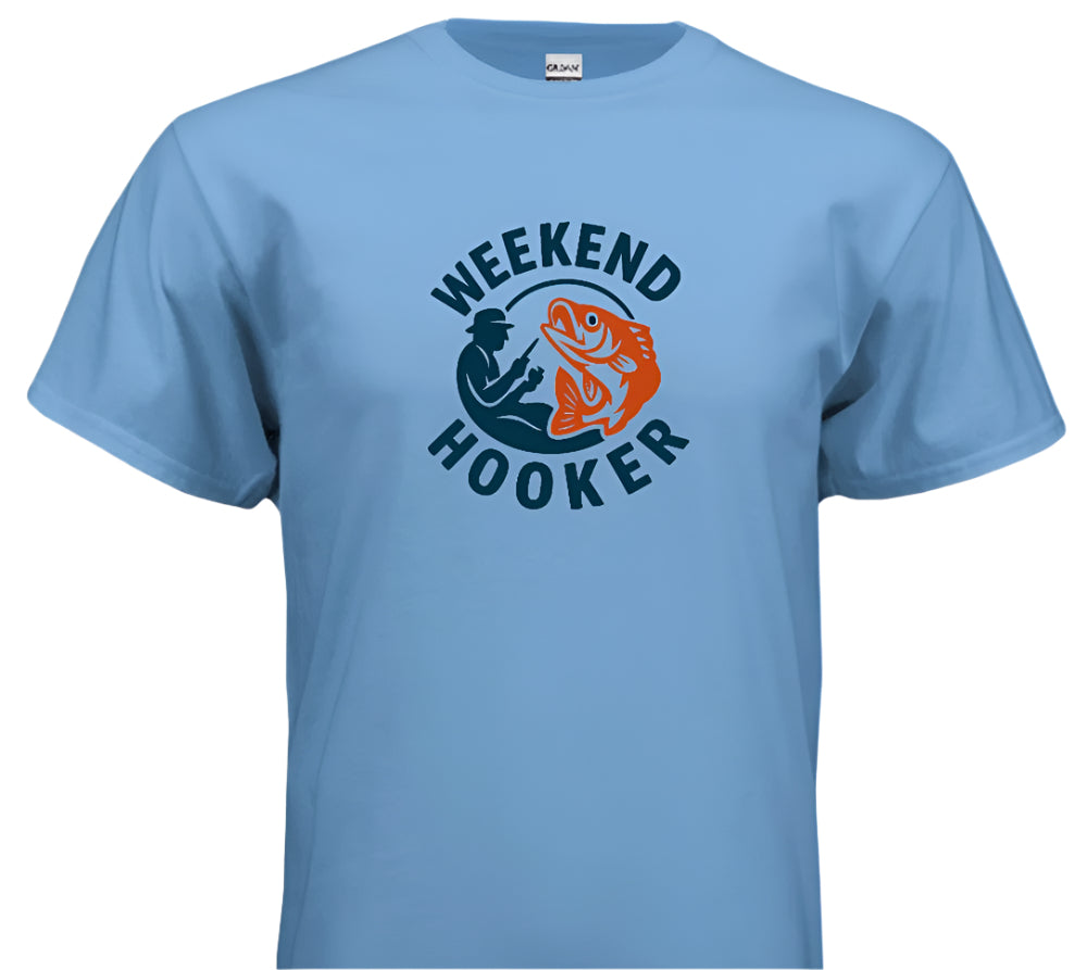 Light blue t-shirt with 'Weekend Hooker' graphic design on a white background