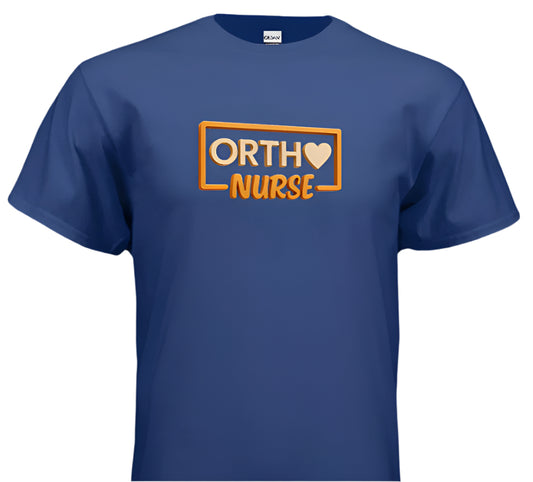 Blue t-shirt with 'Ortho Nurse' text on a white background