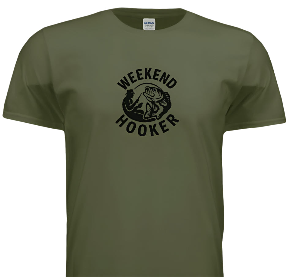 Green t-shirt with 'Weekend Hooker' graphic on a white background