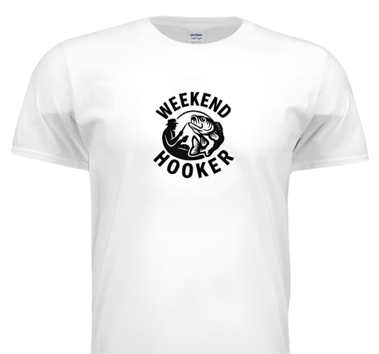 White t-shirt with 'Weekend Hooker' graphic design on a white background