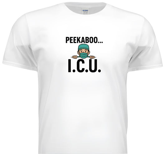 White t-shirt with 'PEEKABOO... I.C.U.' text and graphic on a white background