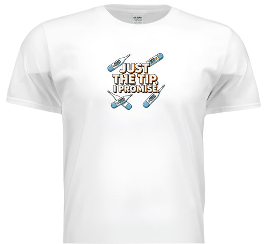 White t-shirt with a graphic design and text on a white background